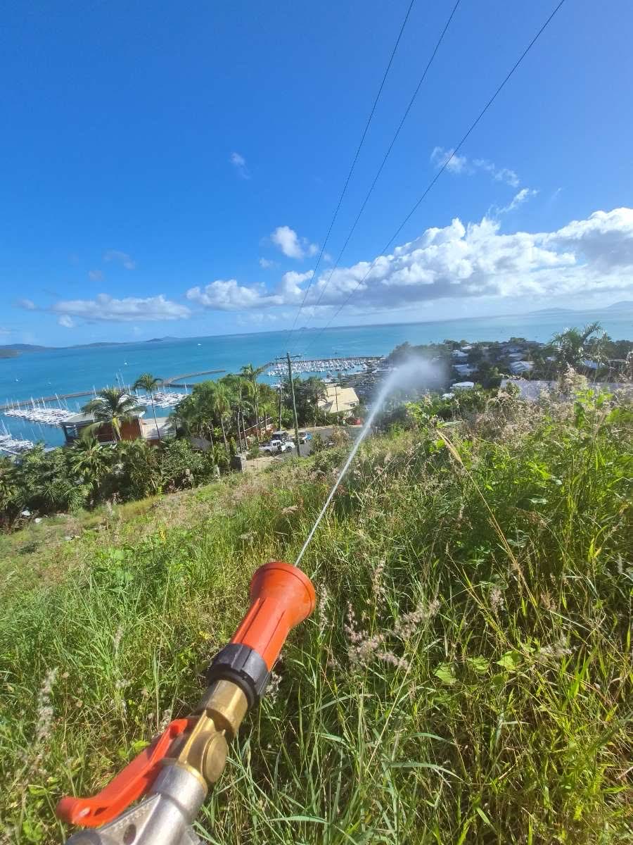 Spray wand applying targeted weed poison on a hillside overlooking Airlie Beach marina